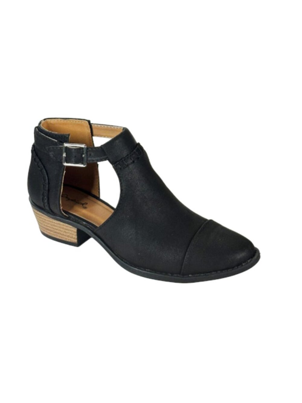 Qupid Sochi-148 Women Black Ankle Boot Low Heel T-Strap Buckle